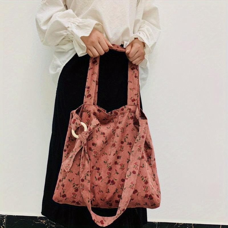 Large Floral Hobo Tote Bag Corduroy Lightweight Shopping Bag
