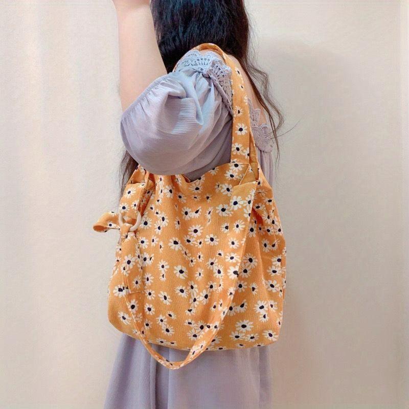 Large Floral Hobo Tote Bag Corduroy Lightweight Shopping Bag