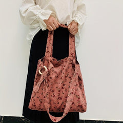 Large Floral Hobo Tote Bag Corduroy Lightweight Shopping Bag