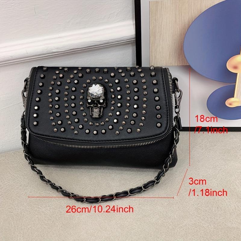 Punk Skull Rivet Studded Crossbody Bag Y2K Flap Shoulder Bag