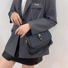 Punk Skull Rivet Studded Crossbody Bag Y2K Flap Shoulder Bag