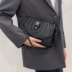 Punk Skull Rivet Studded Crossbody Bag Y2K Flap Shoulder Bag