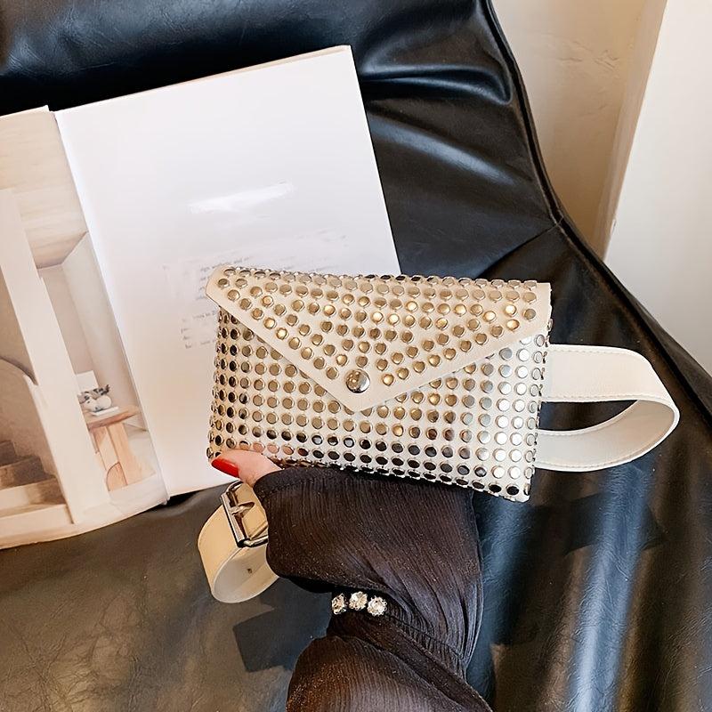 Studded Decor Fanny Pack for Women Square Crossbody Bag Punk Style Waist Bag