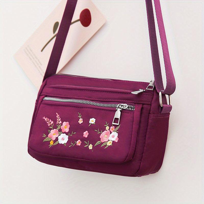 Flower Embroidery Crossbody Bag Lightweight Pockets Purse