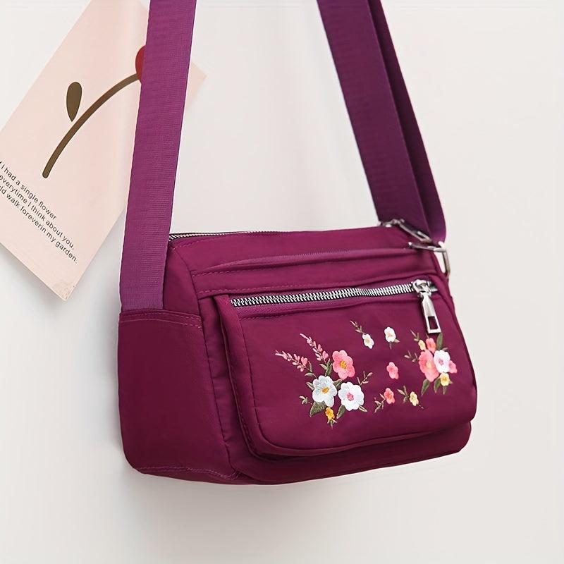 Flower Embroidery Crossbody Bag Lightweight Pockets Purse