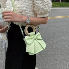 Mini Bow Decor Round Handle Bucket Crossbody Bag Purse