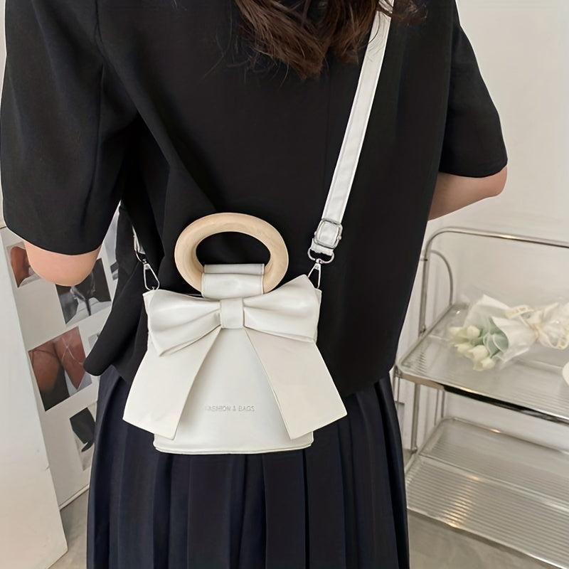 Mini Bow Decor Round Handle Bucket Crossbody Bag Purse