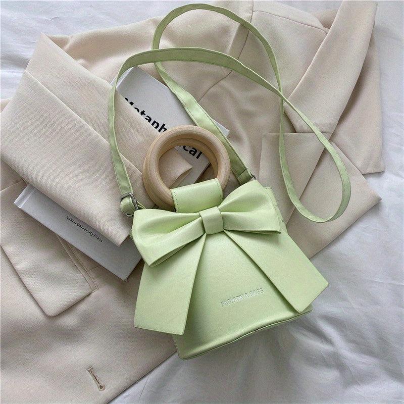 Mini Bow Decor Round Handle Bucket Crossbody Bag Purse