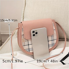 Plaid Flap Saddle Bag Crossbody Faux Leather Purse