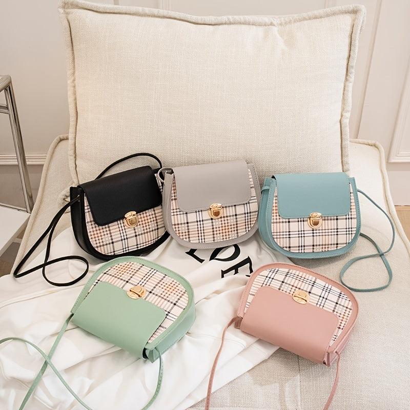 Plaid Flap Saddle Bag Crossbody Faux Leather Purse