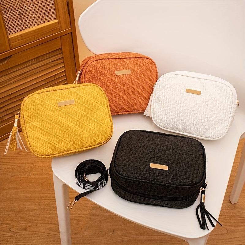 Embossed Pattern Square Crossbody Bag with Tassel Decor
