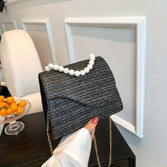 Straw Crossbody Bag Pearl Flap Shoulder Handbag