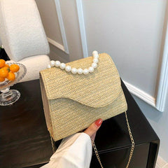 Straw Crossbody Bag Pearl Flap Shoulder Handbag