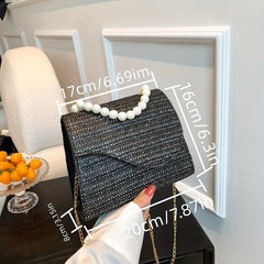 Straw Crossbody Bag Pearl Flap Shoulder Handbag
