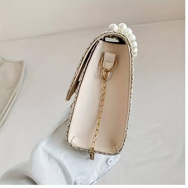Straw Crossbody Bag Pearl Flap Shoulder Handbag