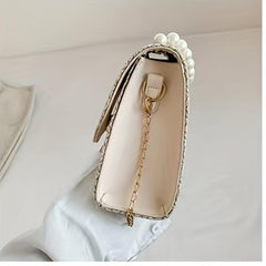 Straw Crossbody Bag Pearl Flap Shoulder Handbag