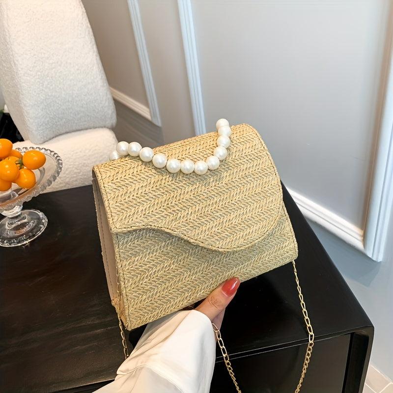 Straw Crossbody Bag Pearl Flap Shoulder Handbag