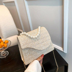 Straw Crossbody Bag Pearl Flap Shoulder Handbag