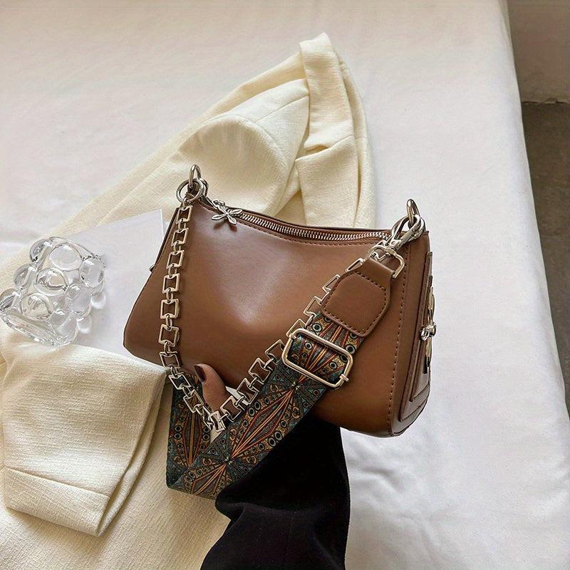 Goth Style Crossbody Bag Chain Decor Zipper Solid Punk Style PU Leather