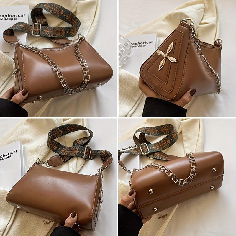 Goth Style Crossbody Bag Chain Decor Zipper Solid Punk Style PU Leather