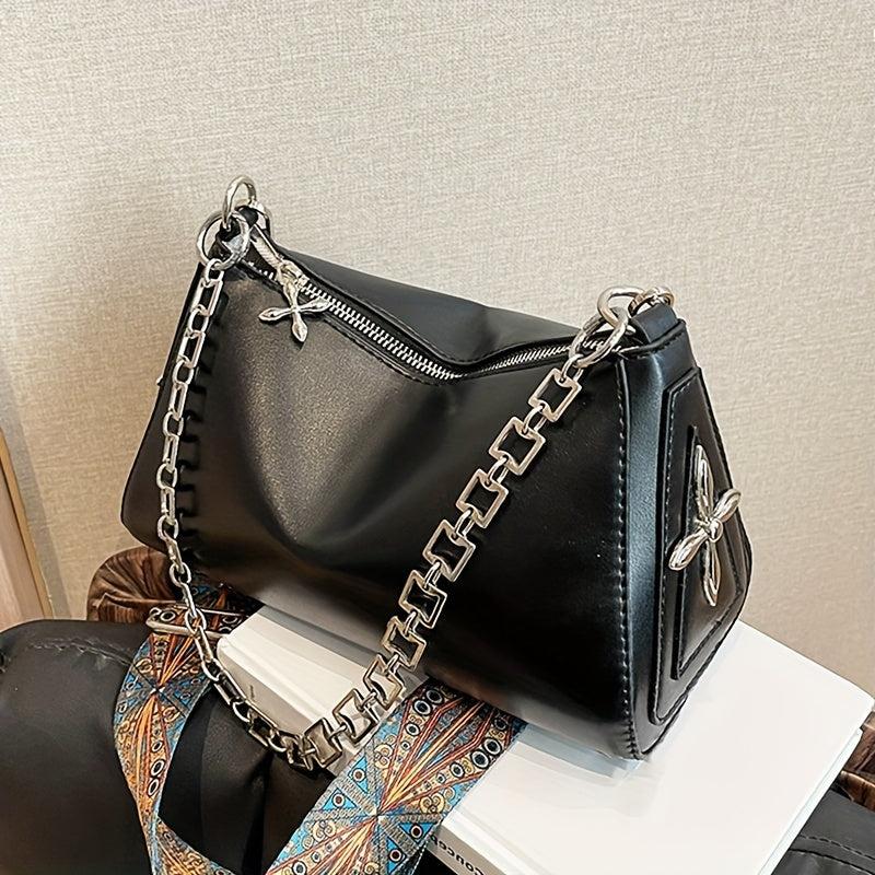 Goth Style Crossbody Bag Chain Decor Zipper Solid Punk Style PU Leather