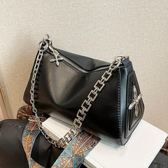 Goth Style Crossbody Bag Chain Decor Zipper Solid Punk Style PU Leather