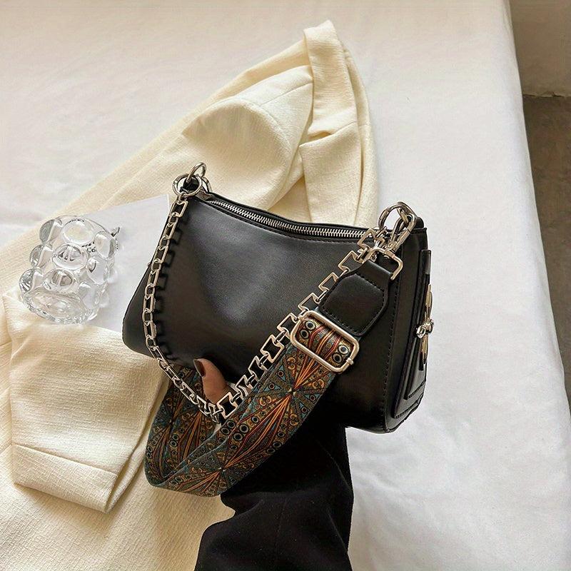 Goth Style Crossbody Bag Chain Decor Zipper Solid Punk Style PU Leather