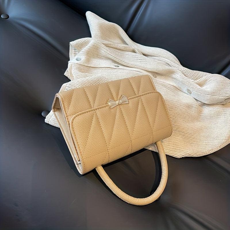 Quilted Crossbody Bag Solid Handbag Bowknot Decor Square Purse