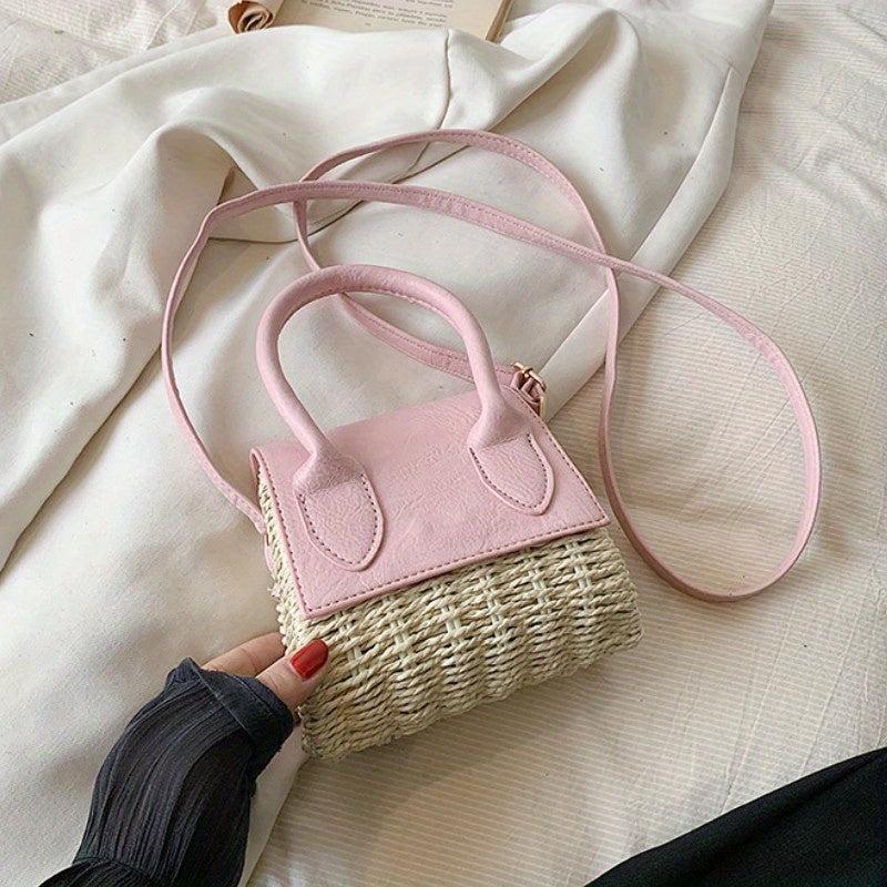 Mini Straw Woven Crossbody Bag Colorblock Summer Beach Handbag