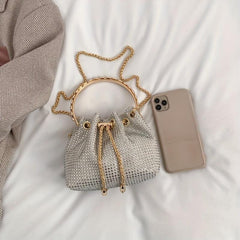 Rhinestone Bucket Bag Top Ring Clutch Purse Drawstring Crossbody Bag