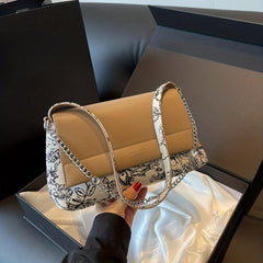 Flower Pattern Metal Chain Underarm Bag PU Leather Textured Bag