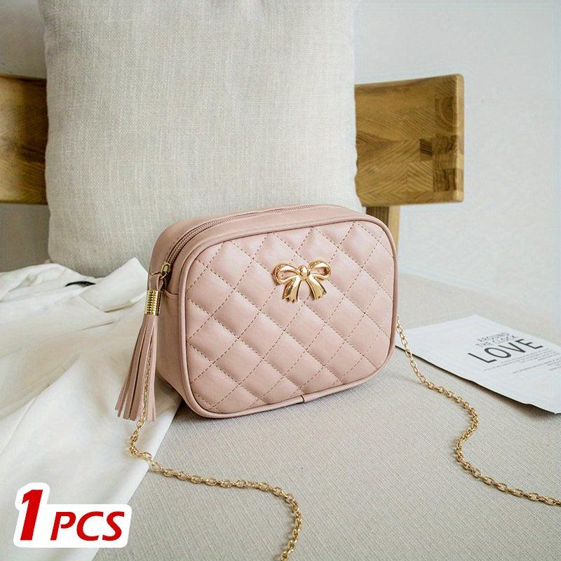 Quilted Detail Square Bag Women's Zipper Purse with Tassel Decor