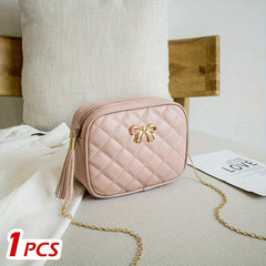 Quilted Detail Square Bag Women's Zipper Purse with Tassel Decor