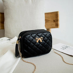 Quilted Square Crossbody Bag with Bow & Tassel Decor