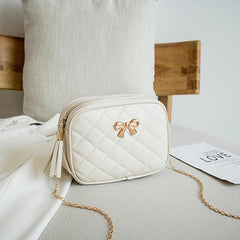 Quilted Square Crossbody Bag with Bow & Tassel Decor
