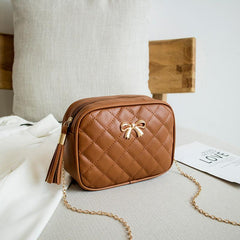 Quilted Square Crossbody Bag with Bow & Tassel Decor