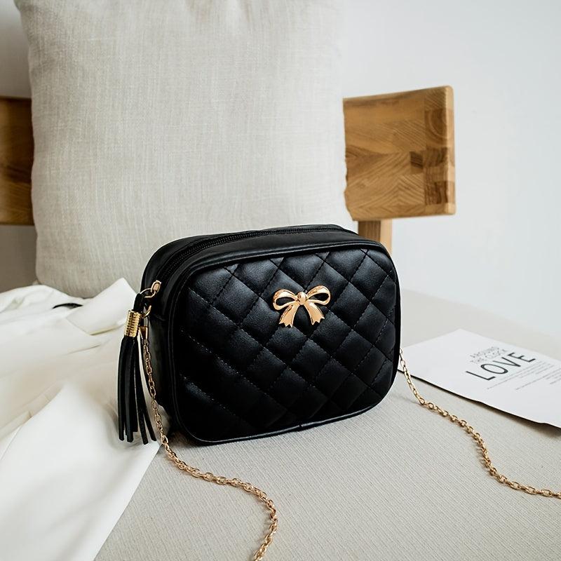 Quilted Square Crossbody Bag with Bow & Tassel Decor
