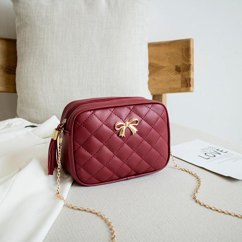 Quilted Square Crossbody Bag with Bow & Tassel Decor