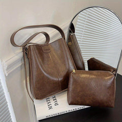 2Pcs Faux Leather Bucket Bag Set Crossbody Bag With Inner Pouch