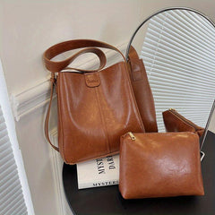 2Pcs Faux Leather Bucket Bag Set Crossbody Bag With Inner Pouch