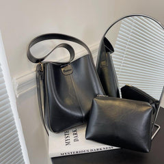 2Pcs Faux Leather Bucket Bag Set Crossbody Bag With Inner Pouch