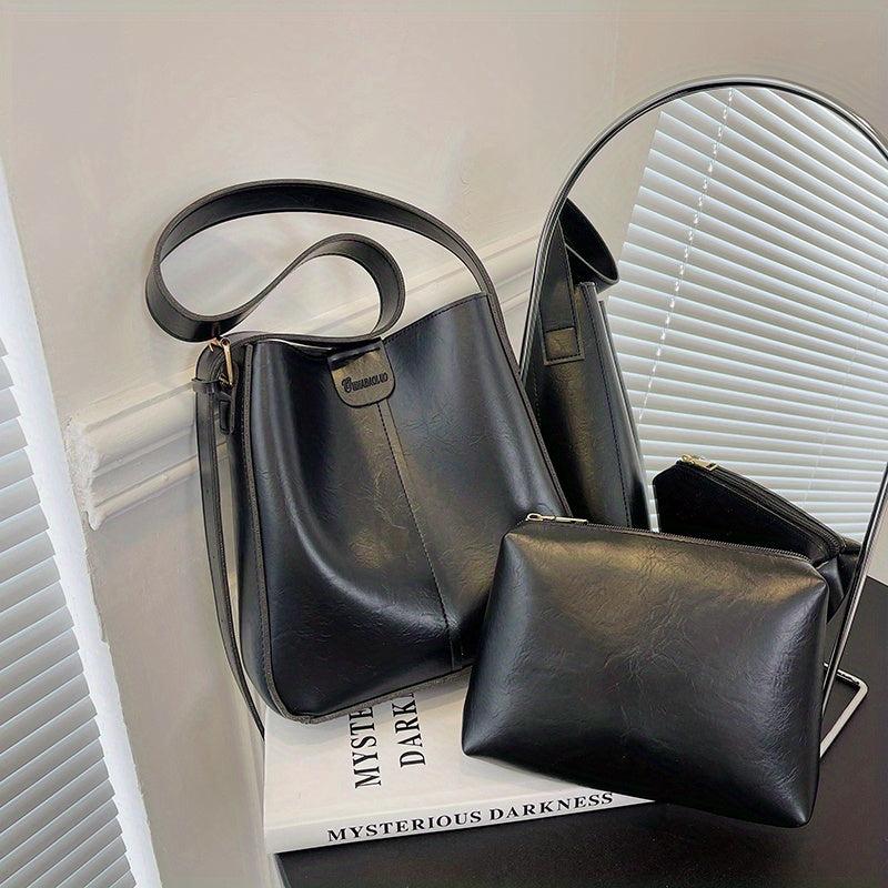 2Pcs Faux Leather Bucket Bag Set Crossbody Bag With Inner Pouch