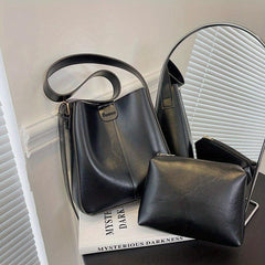 2Pcs Faux Leather Bucket Bag Set Crossbody Bag With Inner Pouch