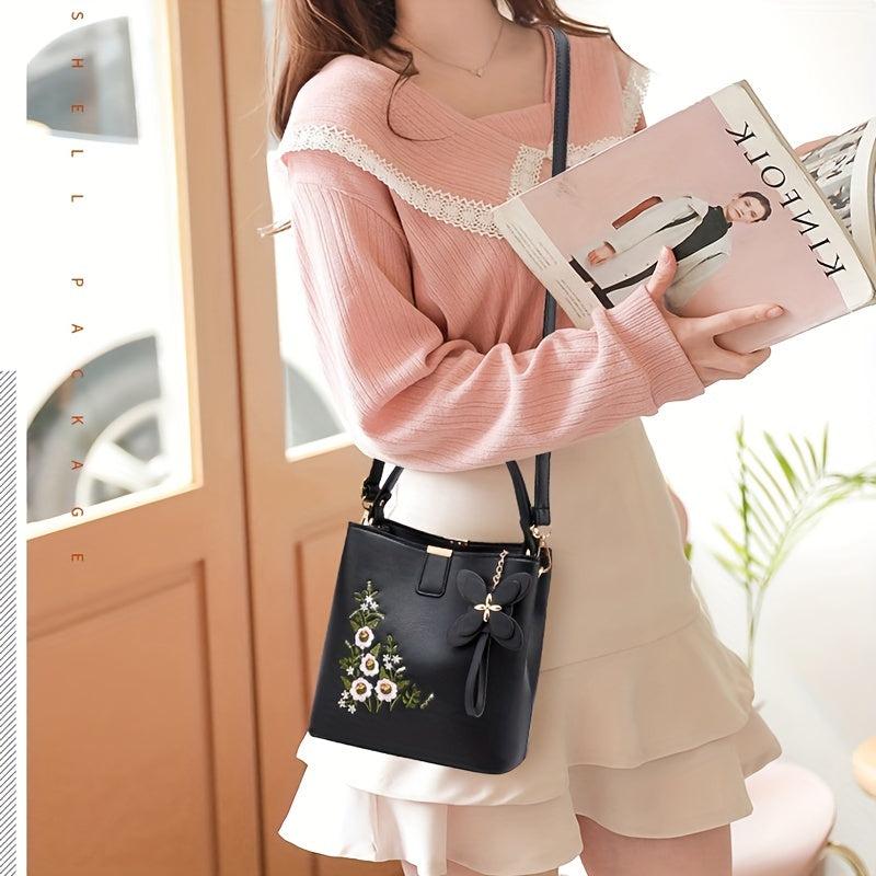 Flower Embroidery Bucket Bag Crossbody Bag Women's Handbags