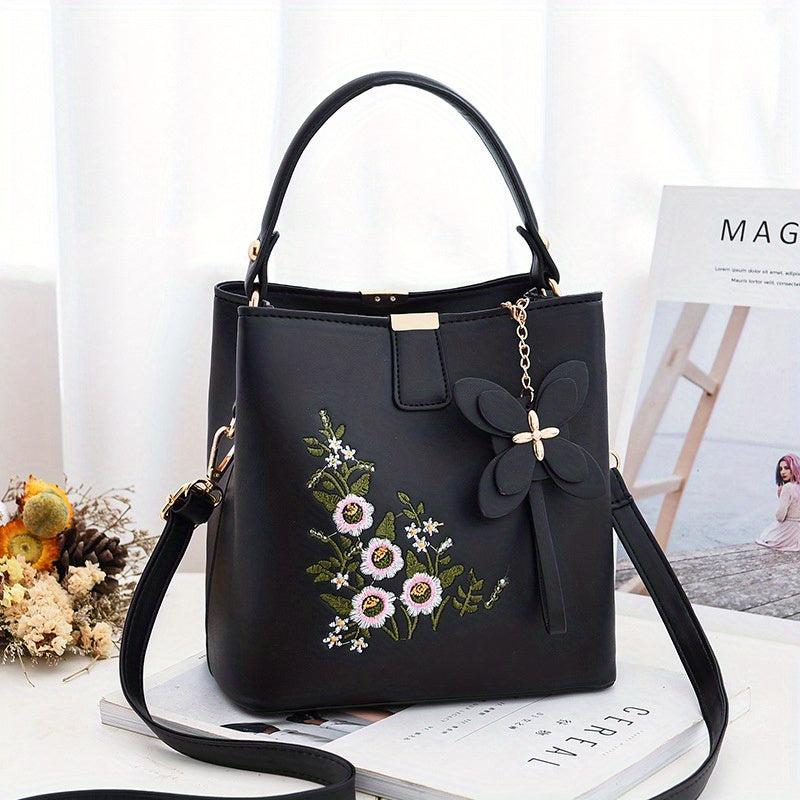 Flower Embroidery Bucket Bag Crossbody Bag Women's Handbags