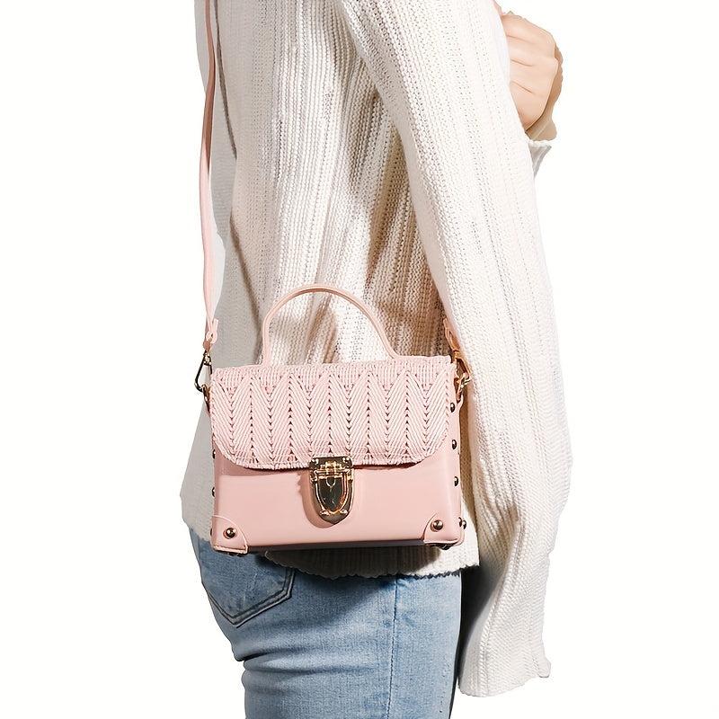 Braided Flap Crossbody Bag Square Shoulder Handbag For Travel & Beach