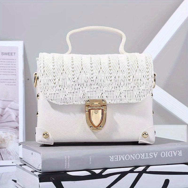 Braided Flap Crossbody Bag Square Shoulder Handbag For Travel & Beach