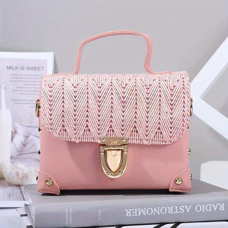 Braided Flap Crossbody Bag Square Shoulder Handbag For Travel & Beach