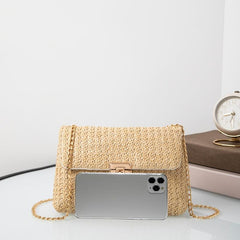 Straw Crossbody Bag with Turn Lock Closure & Chain Strap