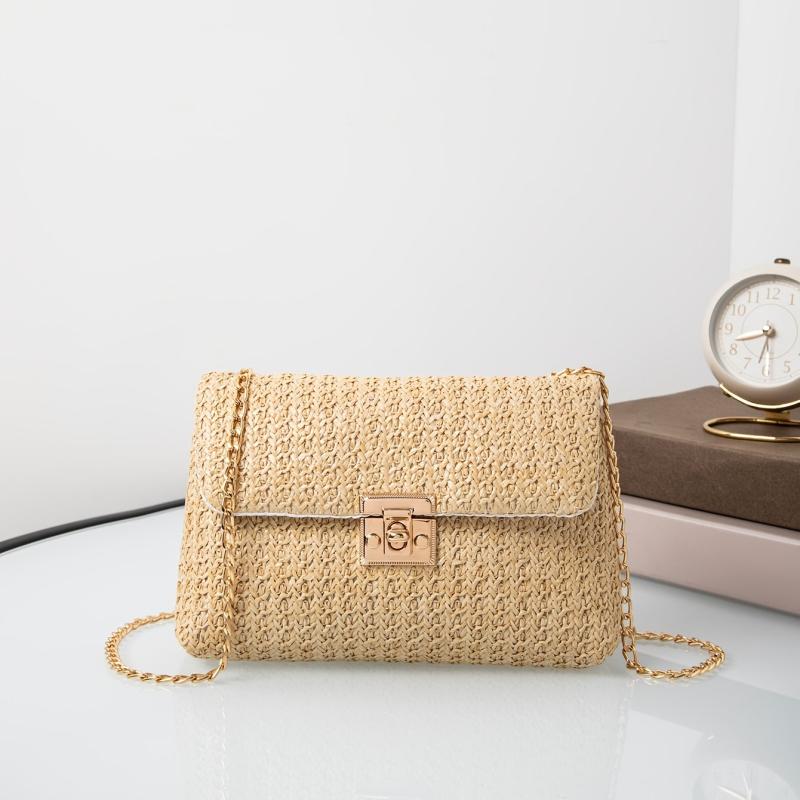 Straw Crossbody Bag with Turn Lock Closure & Chain Strap
